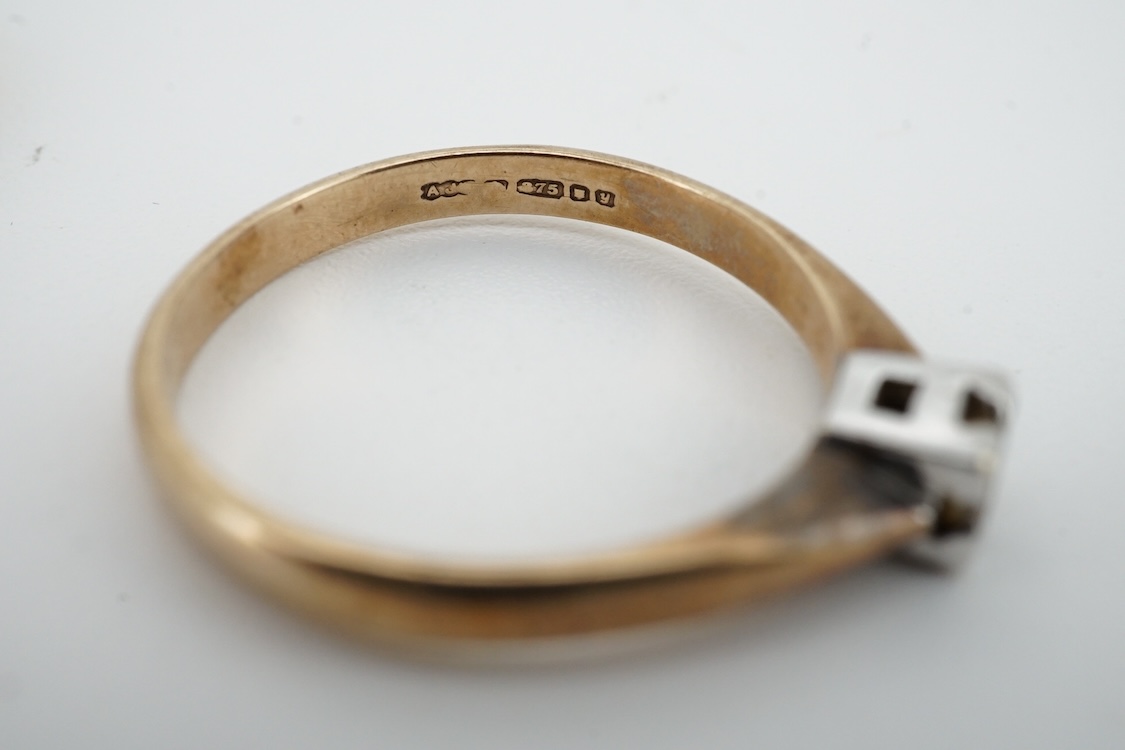 A 9ct gold and solitaire diamond set ring, size O/P and a 9ct gold an seven stone diamond set half hoop ring, size O, gross weight 4 grams.
